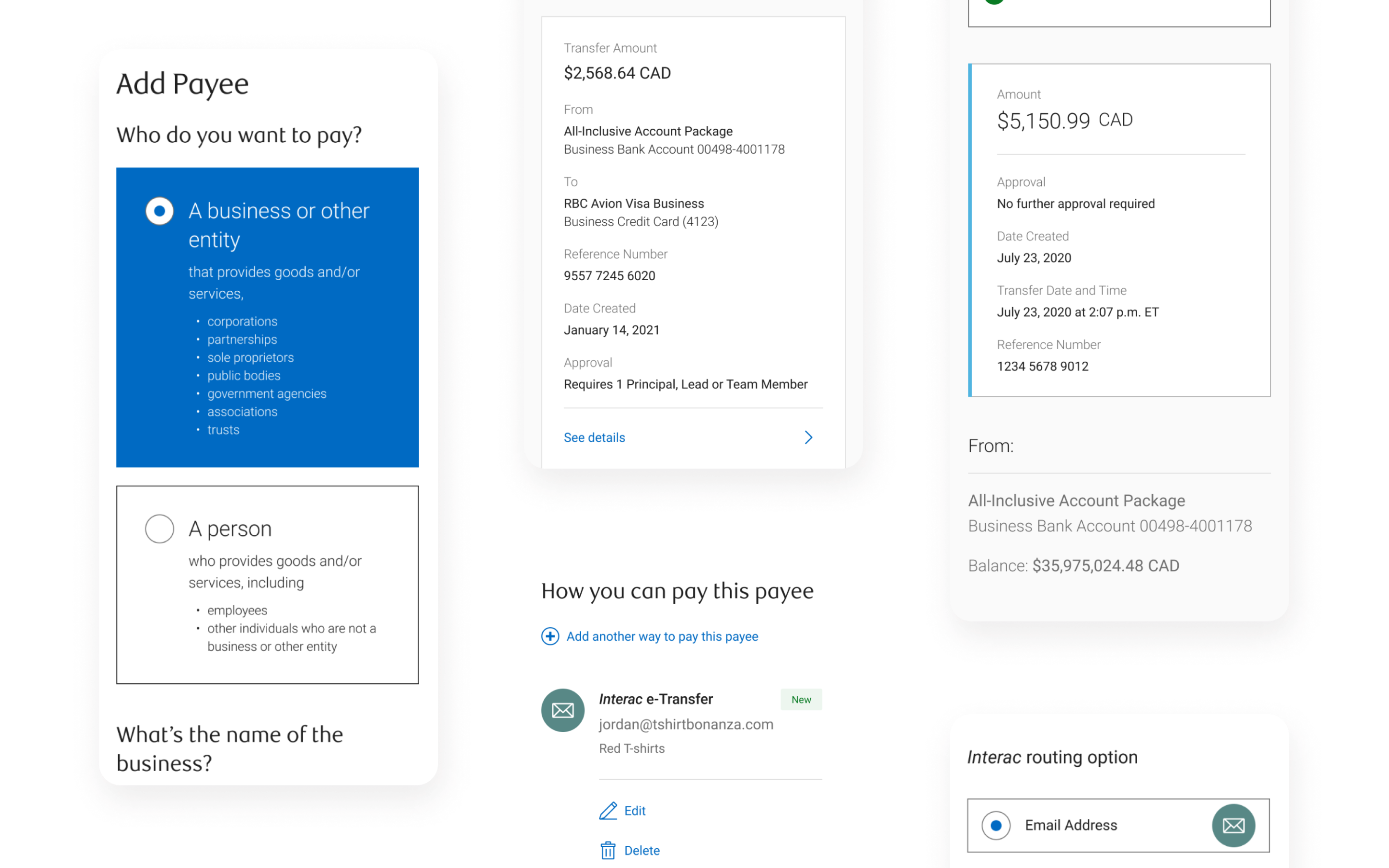 Mockups of RBC Business Banking Payments screens